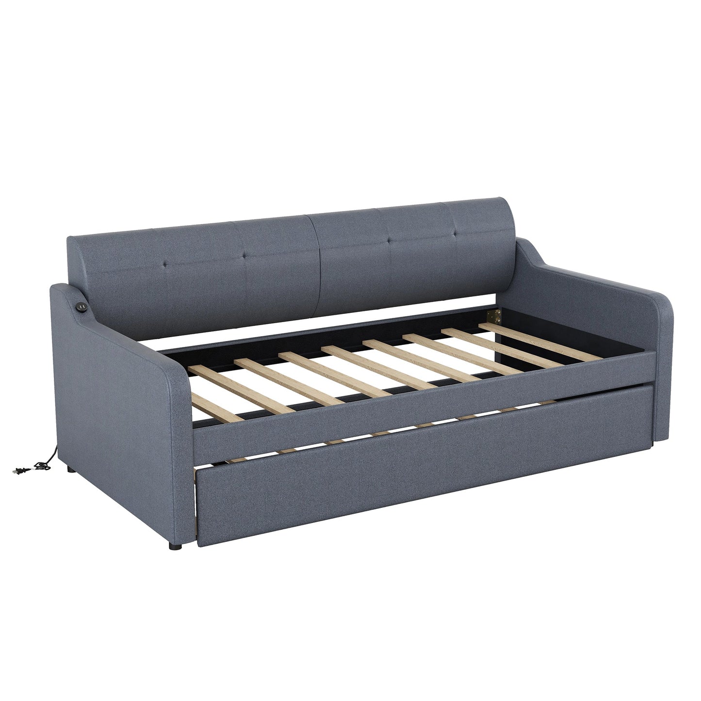 Twin Size Upholstery Daybed with Trundle & USB Charging - Gray