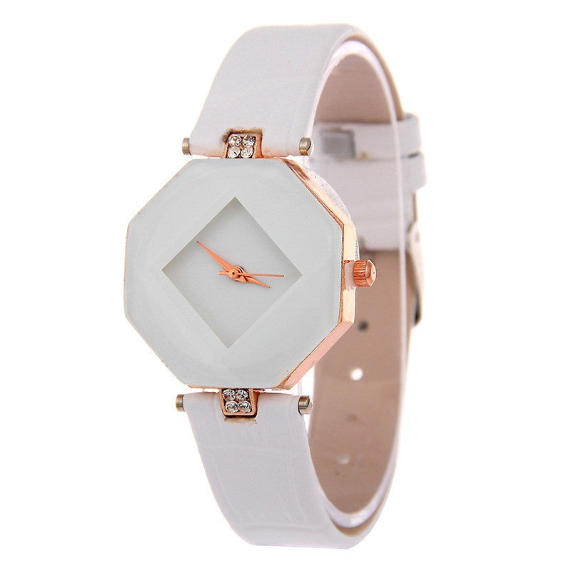Elegant Women's Gem Cut Quartz Leather Watch - 5 Colors