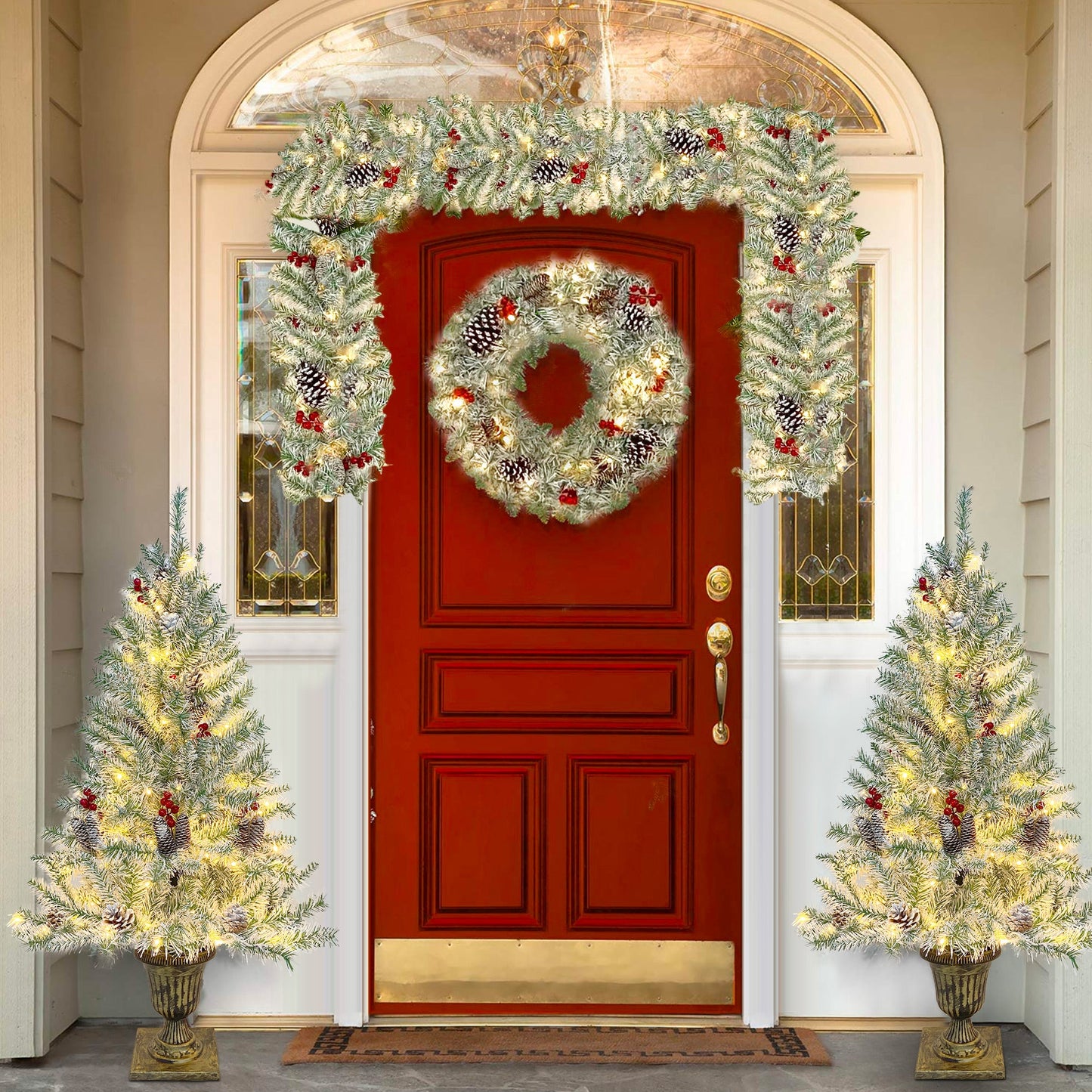 Pre-lit Xmas Tree Artificial Christmas 4-Piece Set,Garland, Wreath and Set of 2 Entrance Trees X-mas - Korvel