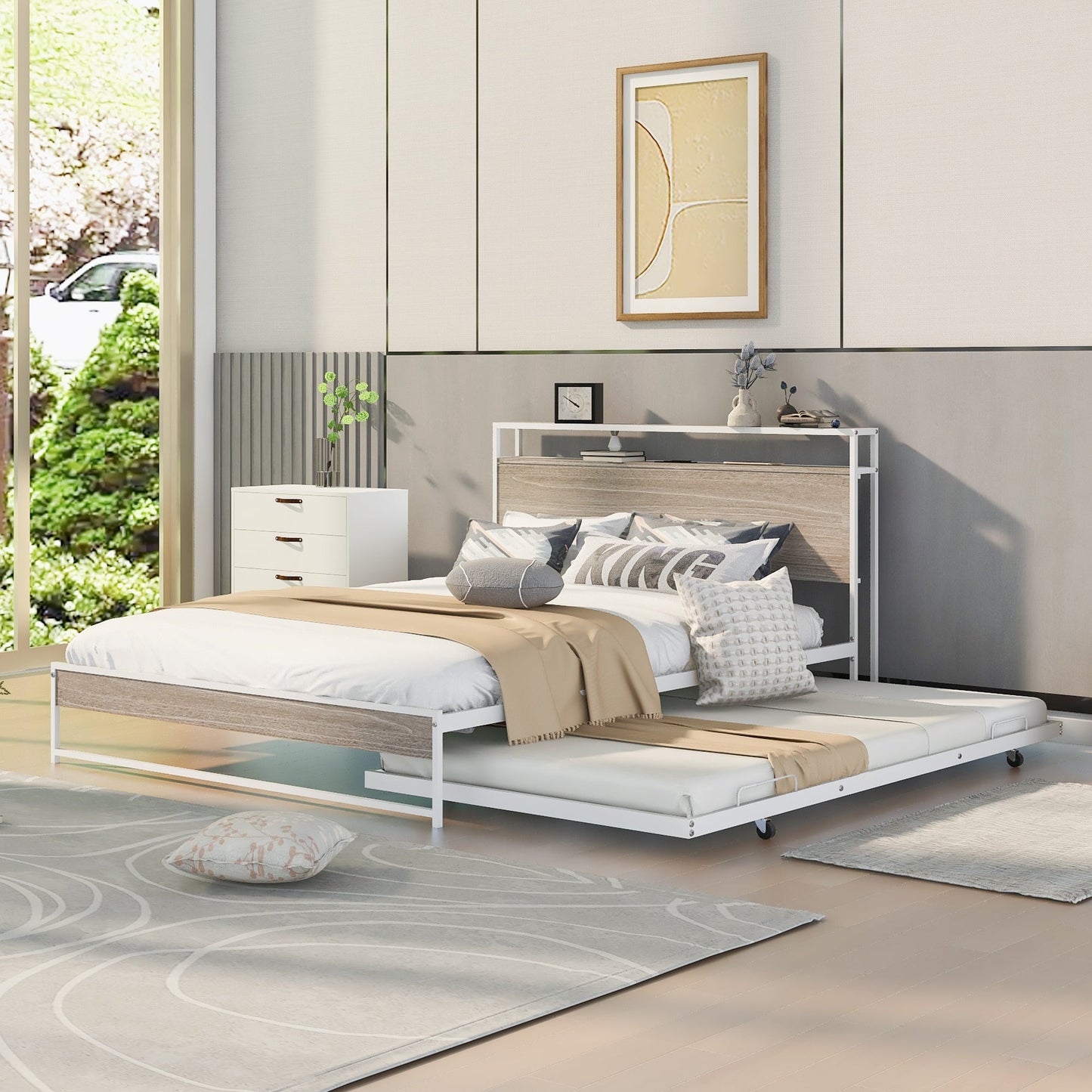 Queen Size Metal Platform Bed Frame with Trundle, USB Ports and Slat Support ,No Box Spring Needed White - Korvel