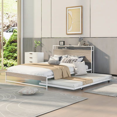 Queen Size Metal Platform Bed Frame with Trundle, USB Ports and Slat Support ,No Box Spring Needed White - Korvel