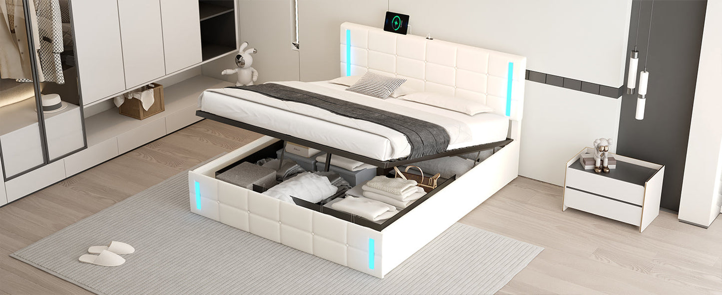 Queen Size Upholstered Bed with LED Lights Hydraulic Storage System and USB Charging Station White - Korvel