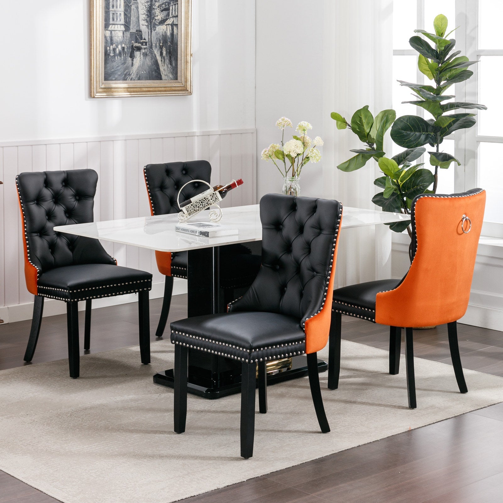Tufted Solid Wood Contemporary PU and Velvet Upholstered Dining Chair with Wood Legs Nailhead Trim 2-Pcs Set Black+Orange - Korvel