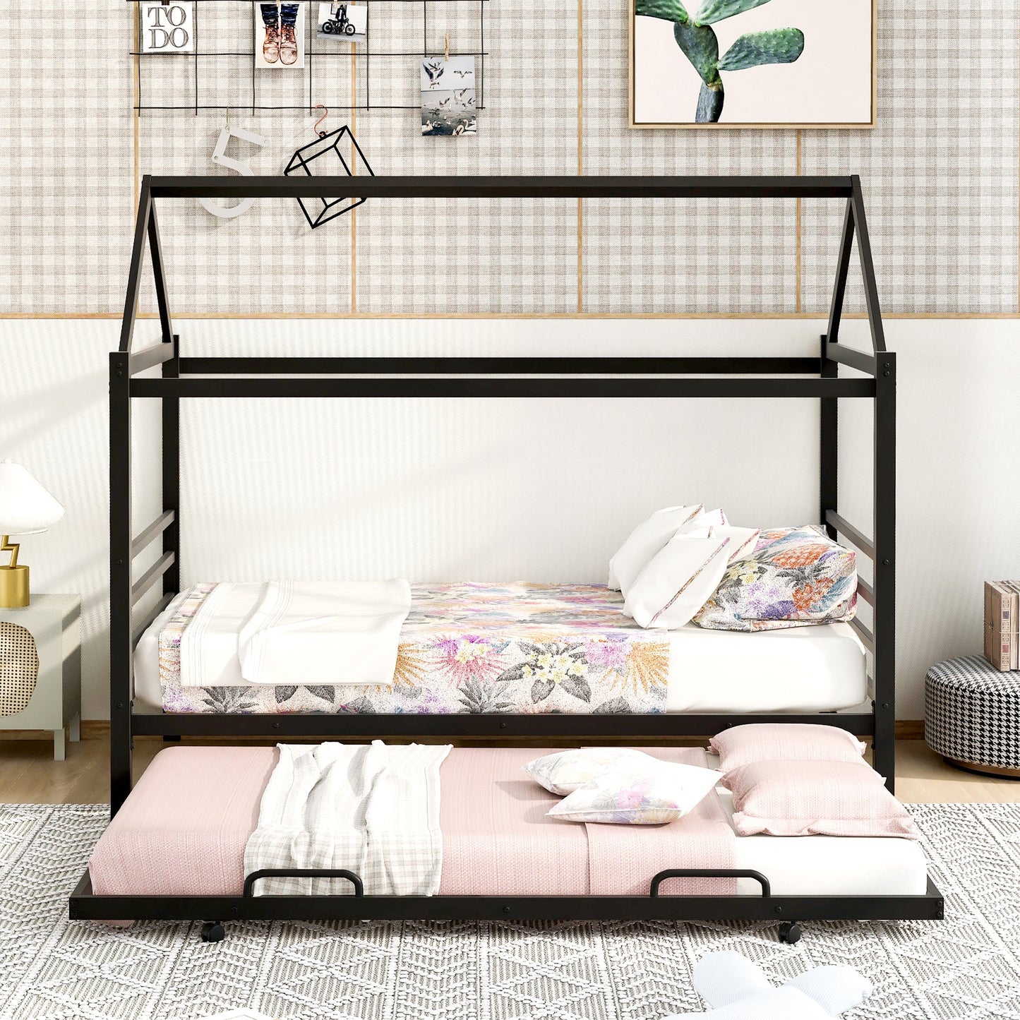 Twin Size Metal House Shape Platform Bed with Trundle - Black