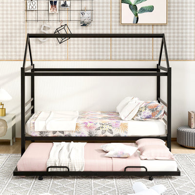 Twin Size Metal House Shape Platform Bed with Trundle - Black