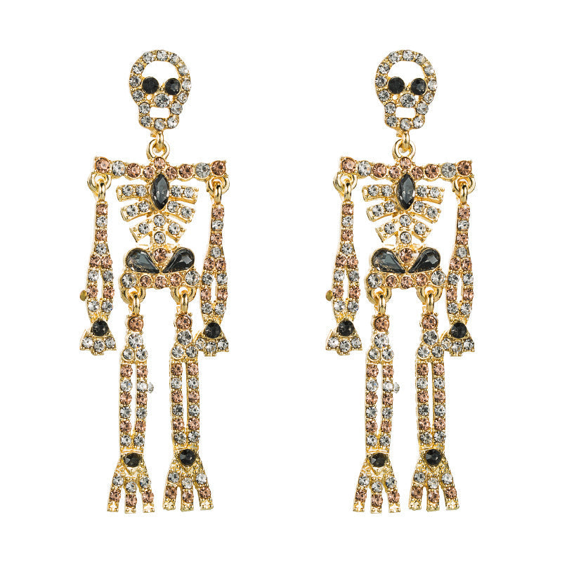 European and American style skull skeleton alloy inlaid rhinestone earrings female personality long exaggerated earrings earrings - Korvel