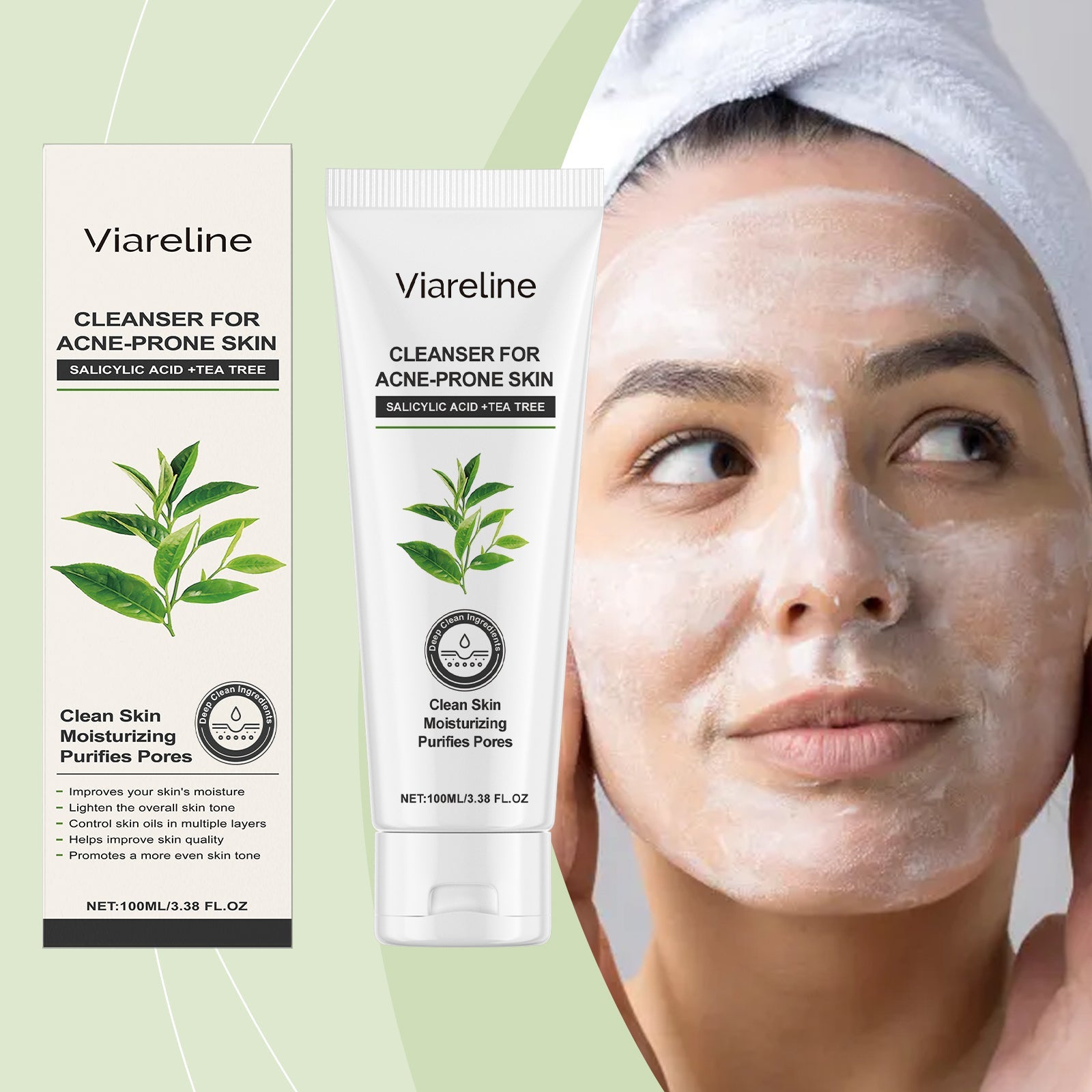 Green Tea Cleansing Gel Gloss Oil Control Clean Balance Skin Moisturizing Moisturizing Skincare Set - Korvel