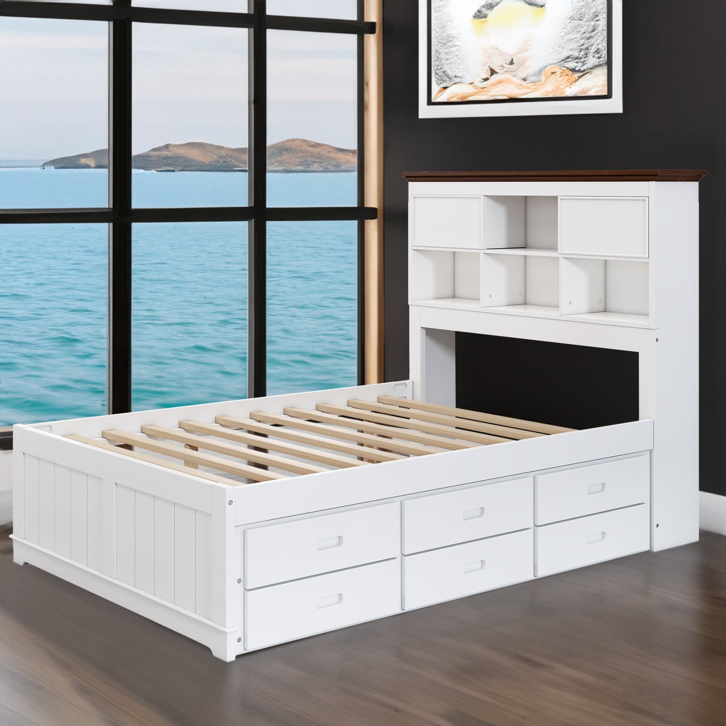 Solid Pine Captain Bookcase Bed with Trundle Bed and 3 Spacious Under Bed Drawers in Casual,Full, White+Walnut - Korvel