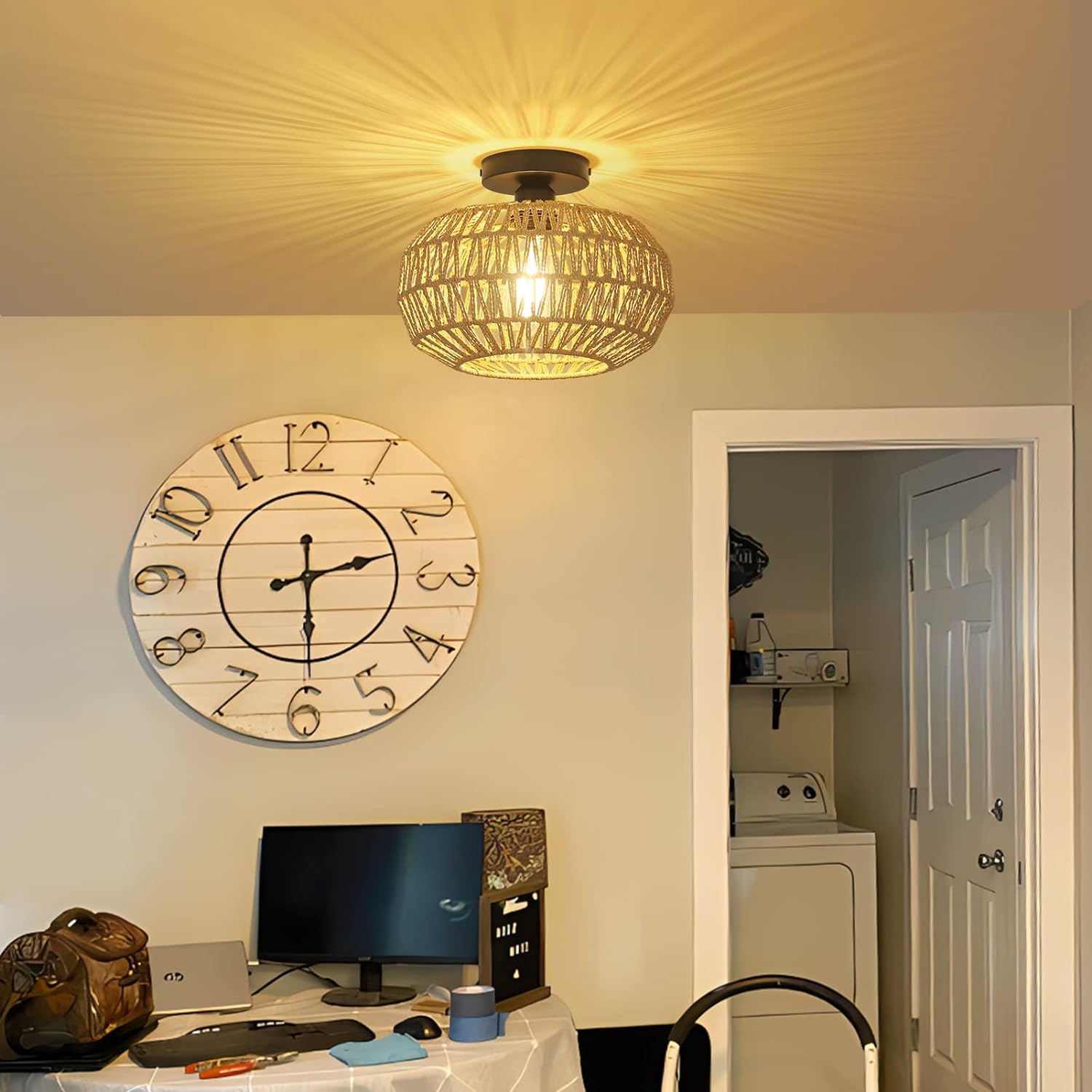Rattan Light Fixtures Ceiling Mount,Boho Ceiling Light Fixture with Dimmable LED Bulb Mini Hand Woven Rattan - Korvel