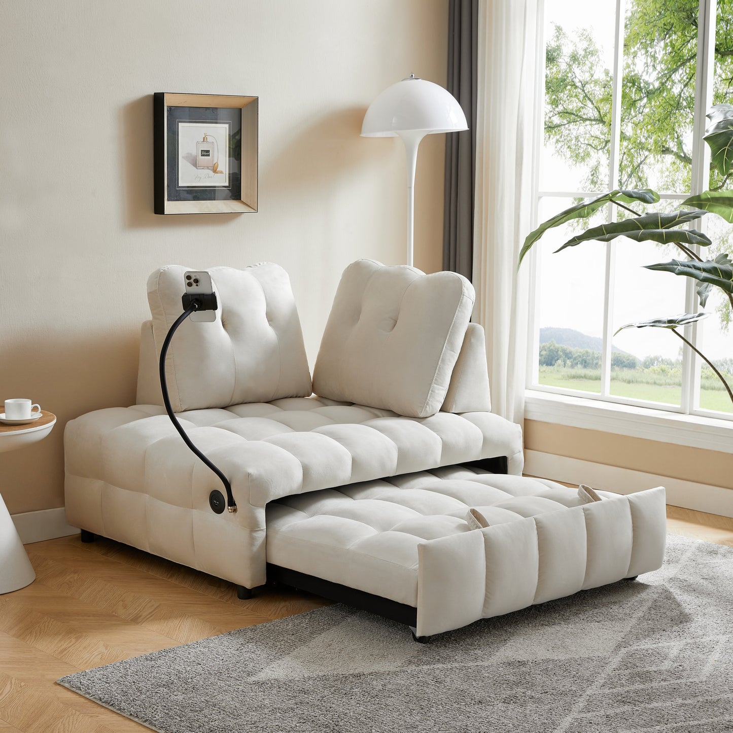 Beige Velvet Modern Sofa with Pull-Out Bed and USB Port