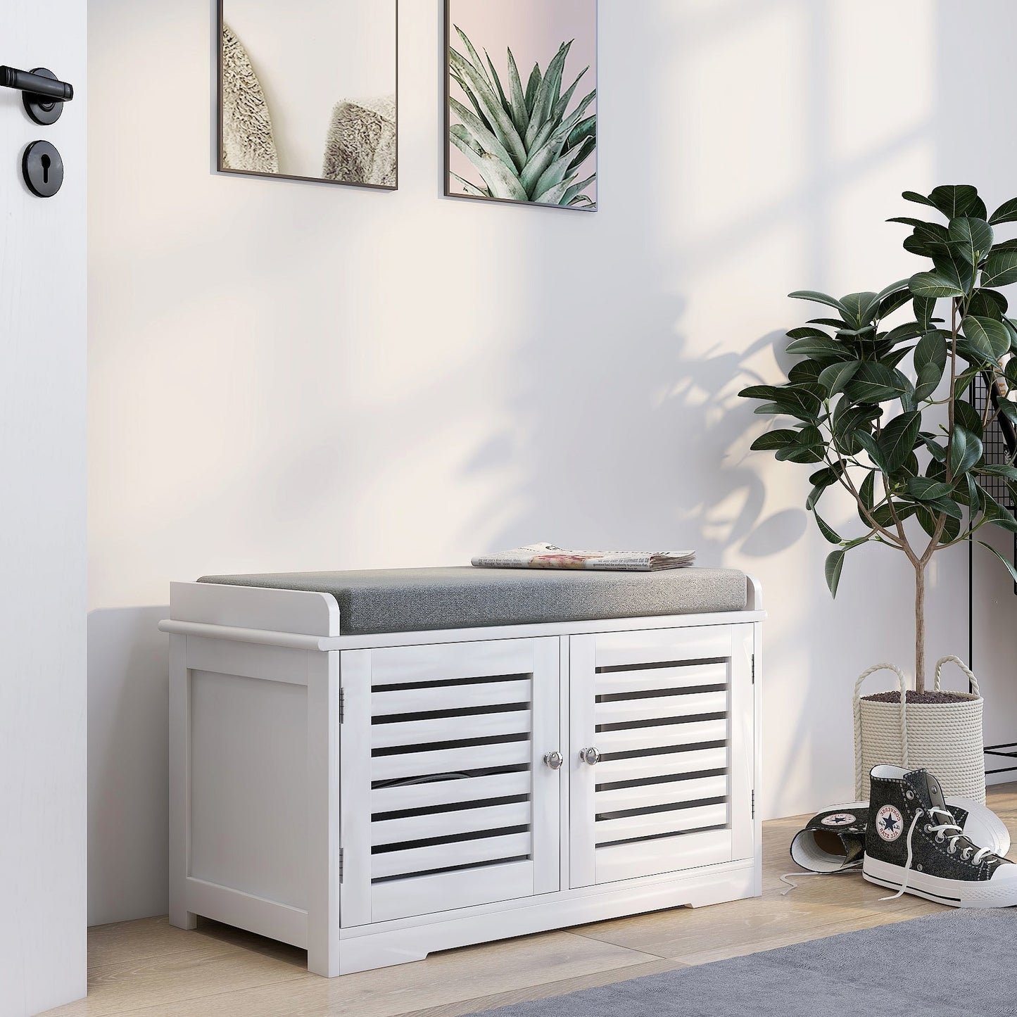 Elegant White Shoe Storage Bench with Padded Cushion