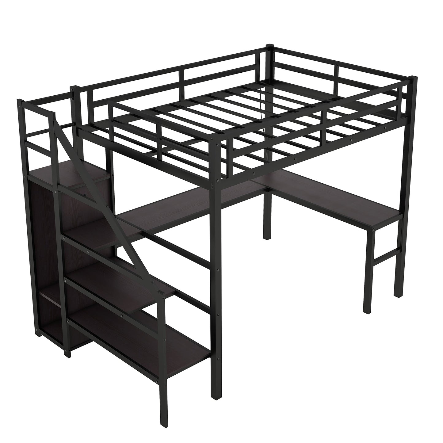 Cama Loft de Tamaño Completo con Escritorio en L y USB - Negro