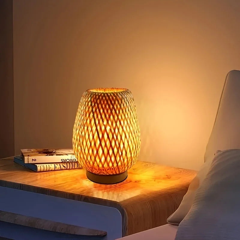 Retro Japanese Style Lamp Bamboo Woven Desk Lamp Handmade Rattan LED Desk Lamp Wooden House Decoration Light - Korvel
