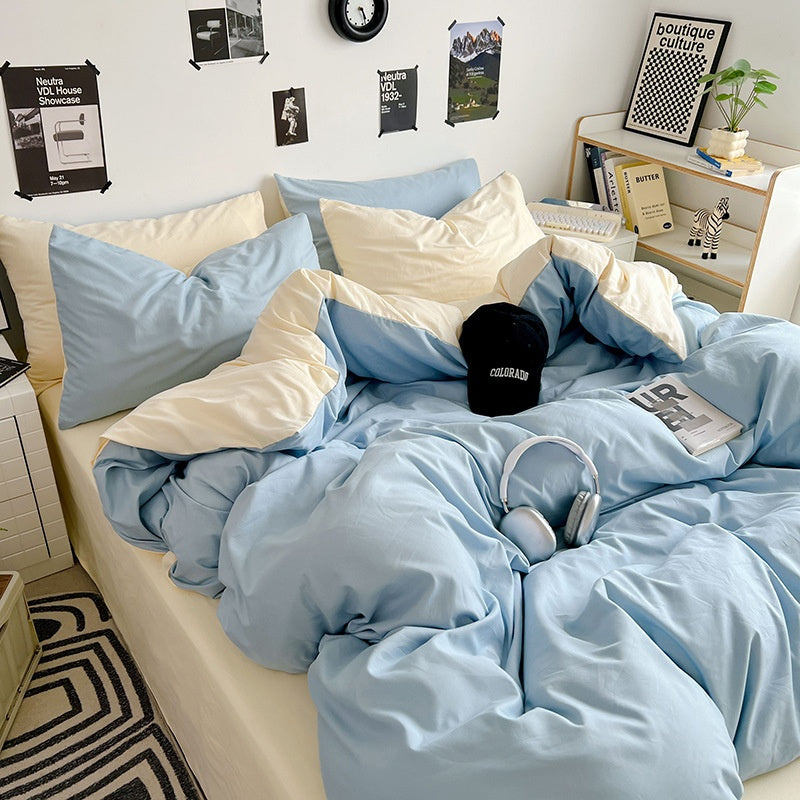 Washed Cotton Solid Color Double Spliced Four-Piece Bedding Set - Sheet, Quilt Cover, Pillowcases for Employee and Dormitory Use - Korvel