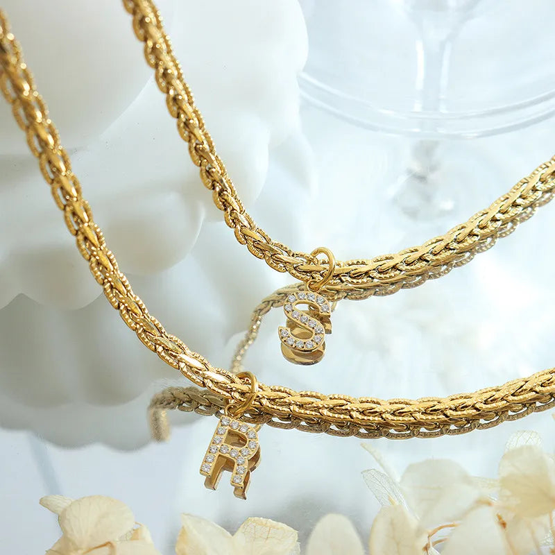 Brass Inlaid Zircon Letter Pendant Necklace - Korvel