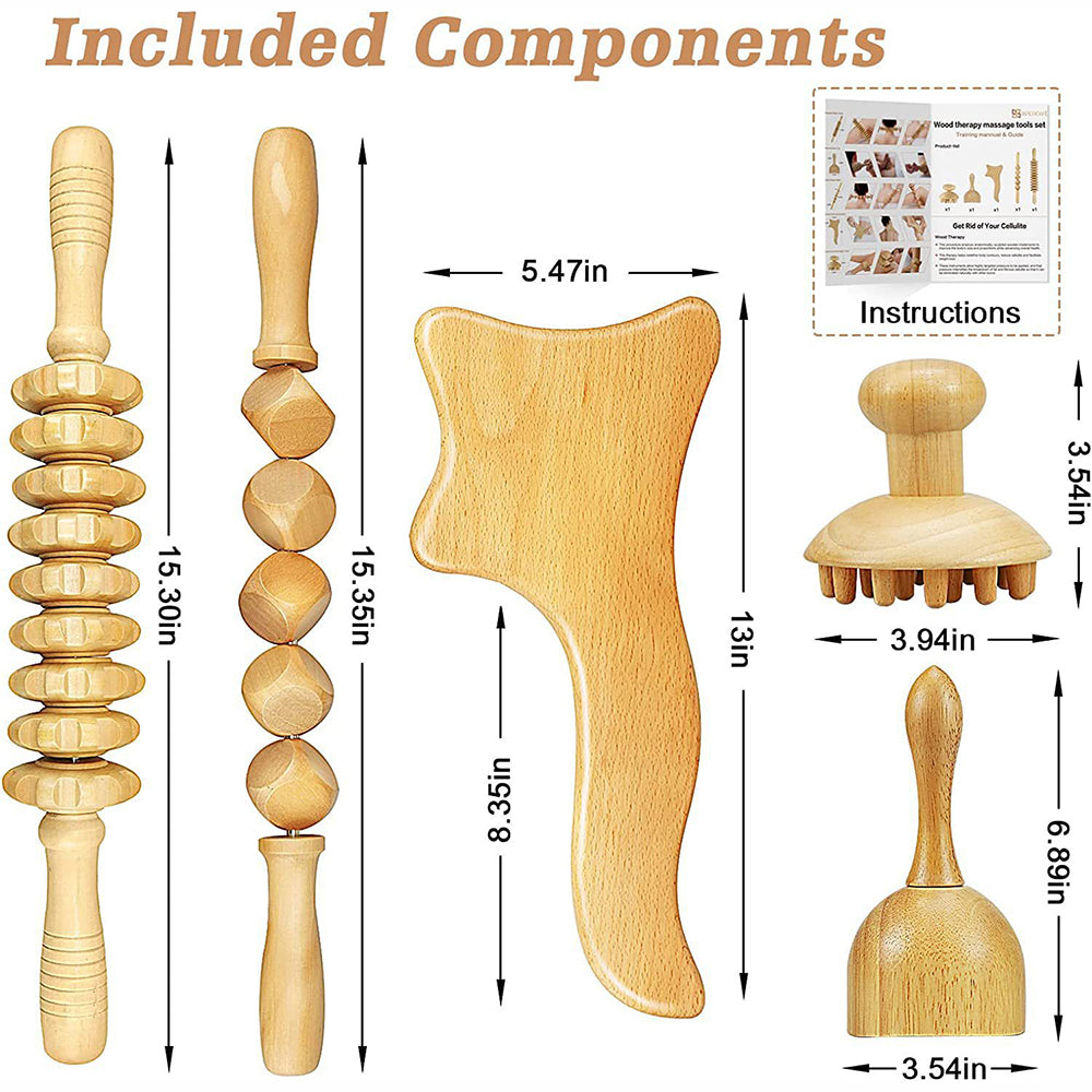 Beech wood therapy scraping cup, meridian dredging roller, tendon rolling stick, scraping board, head massager, massage set - Korvel