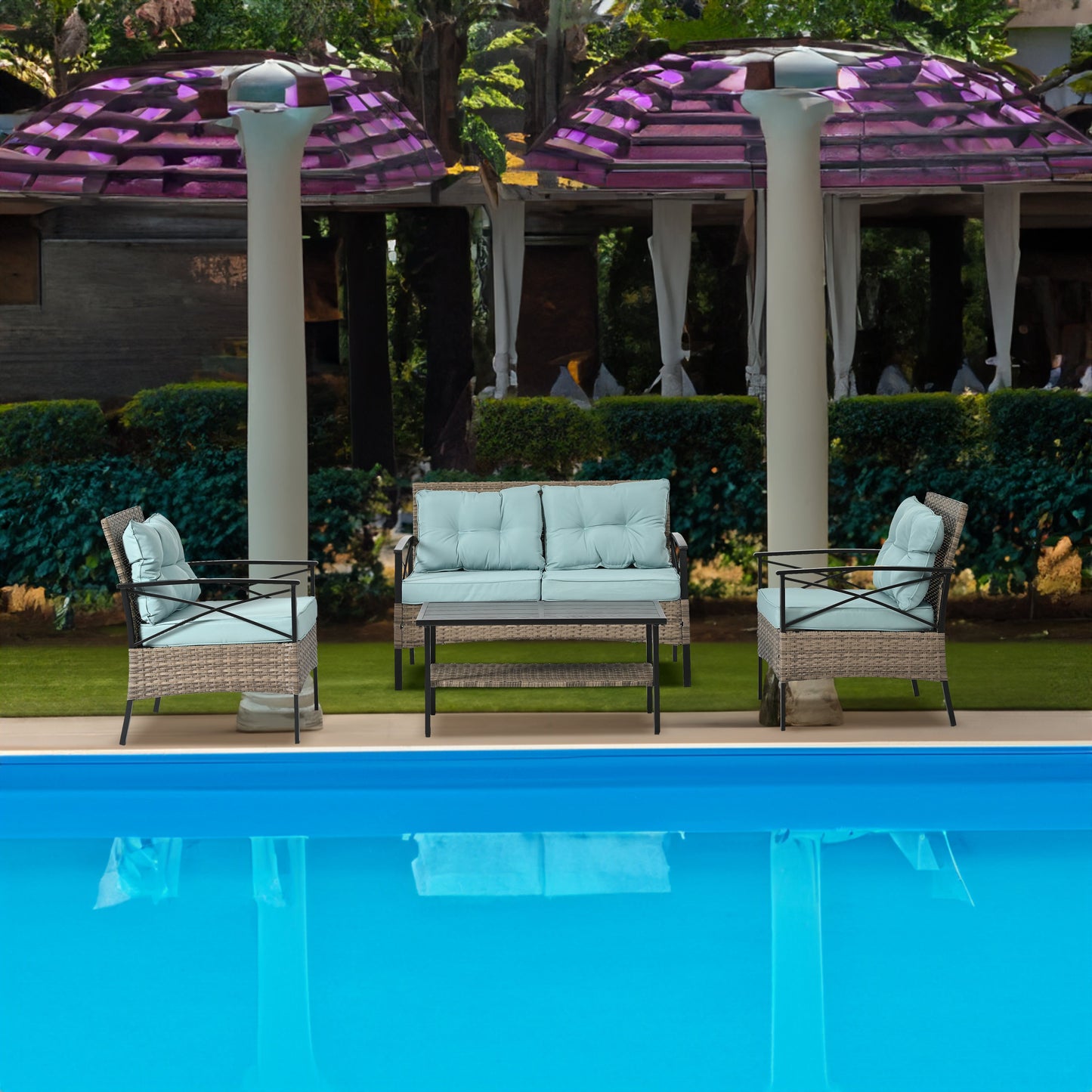 Conjunto de Muebles de Wicker para Exterior Premium con Mesa de Metal Negra