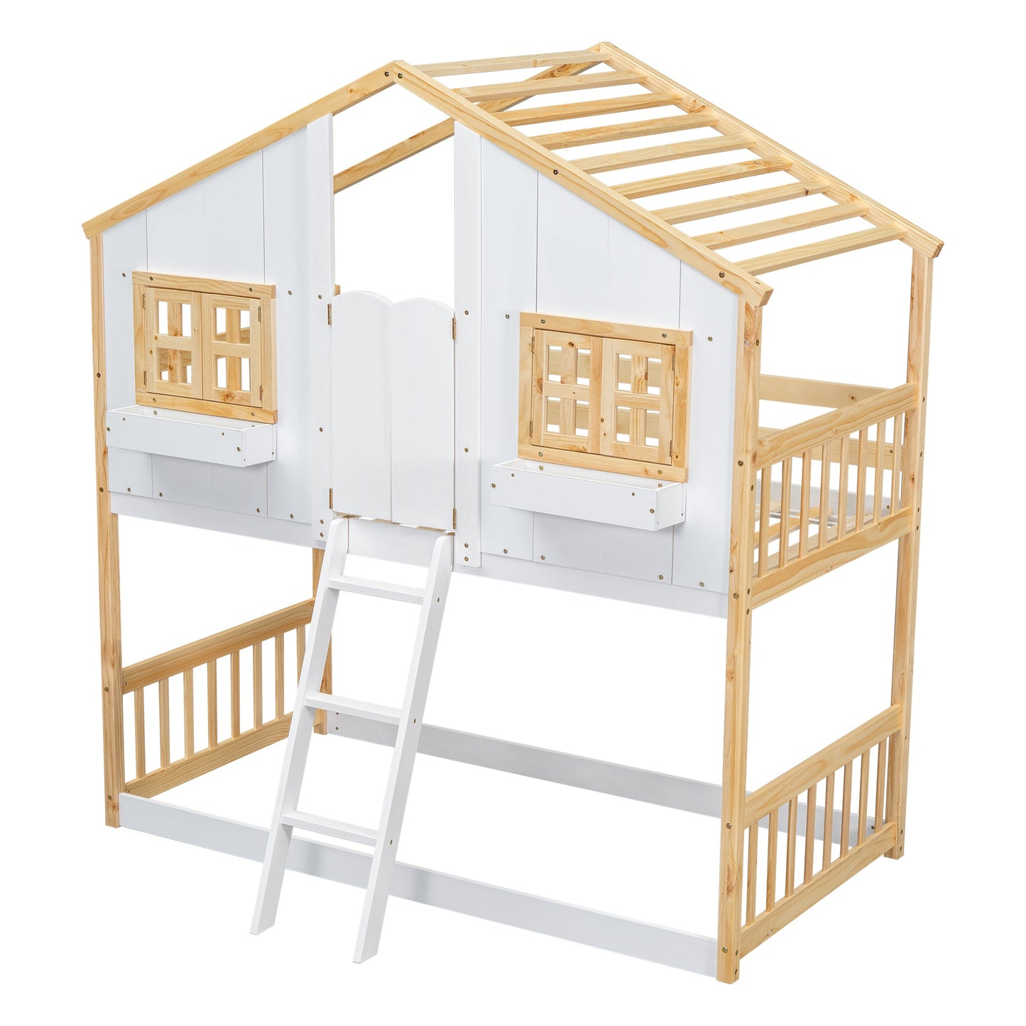 Twin over Twin House Bunk Bed with Roof , Window, Window Box, Door , with Safety Guardrails and Ladder, Natural/White - Korvel