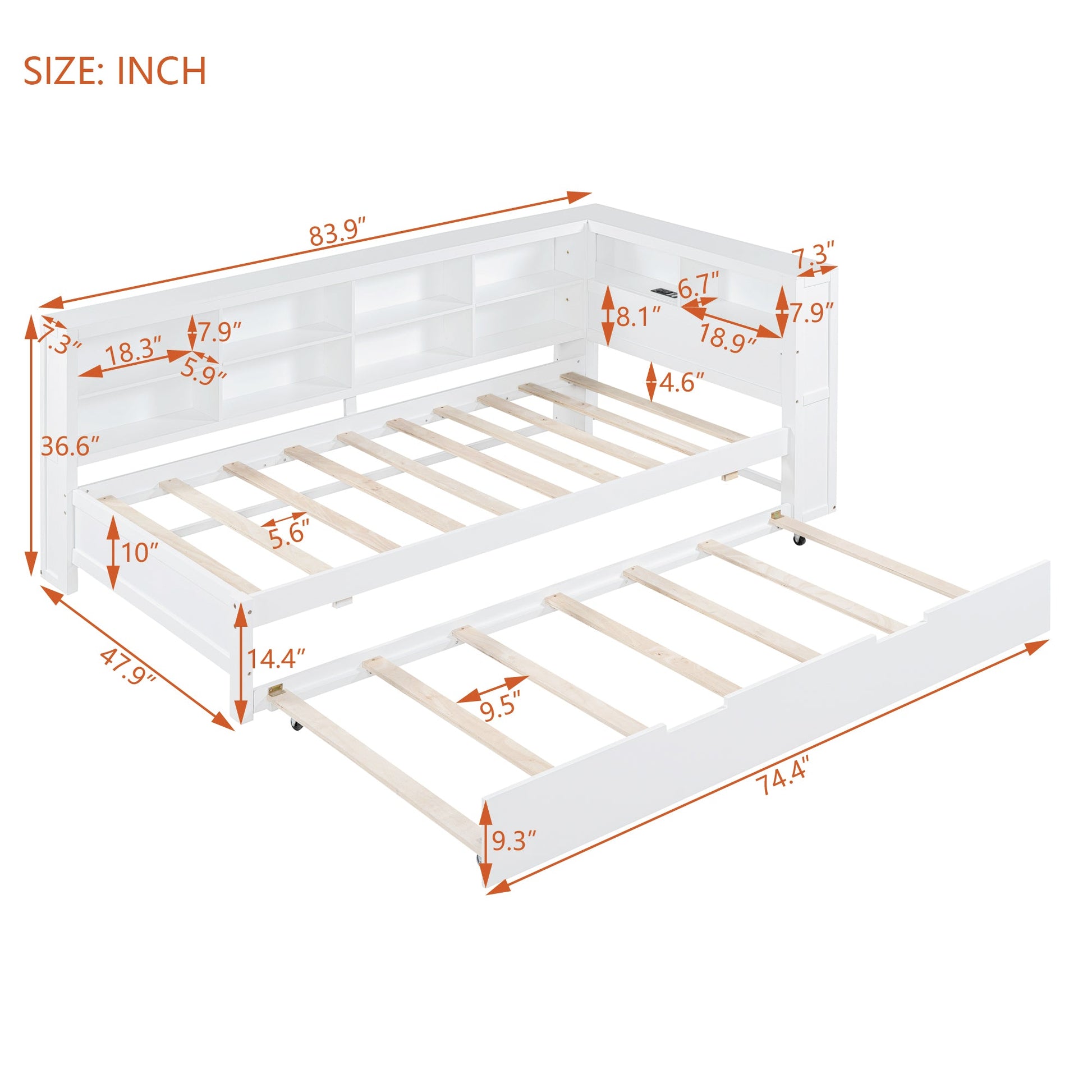 Wooden Twin Size DayBed with Twin Trundle, DayBed with Storage Shelf and USB Charging Ports,White - Korvel
