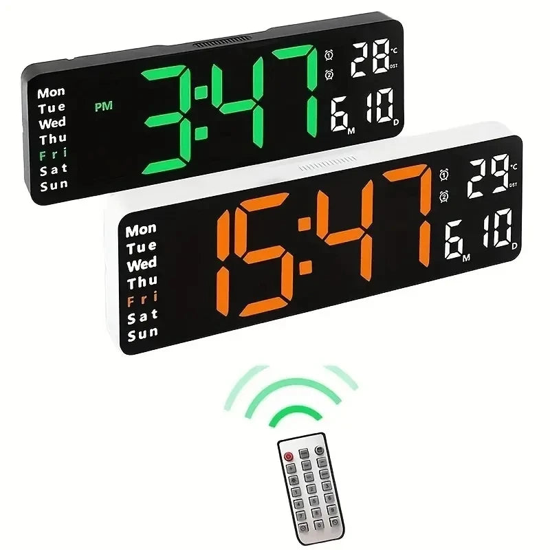 Large LED Wall Clock with Remote Control and Dual Alarms