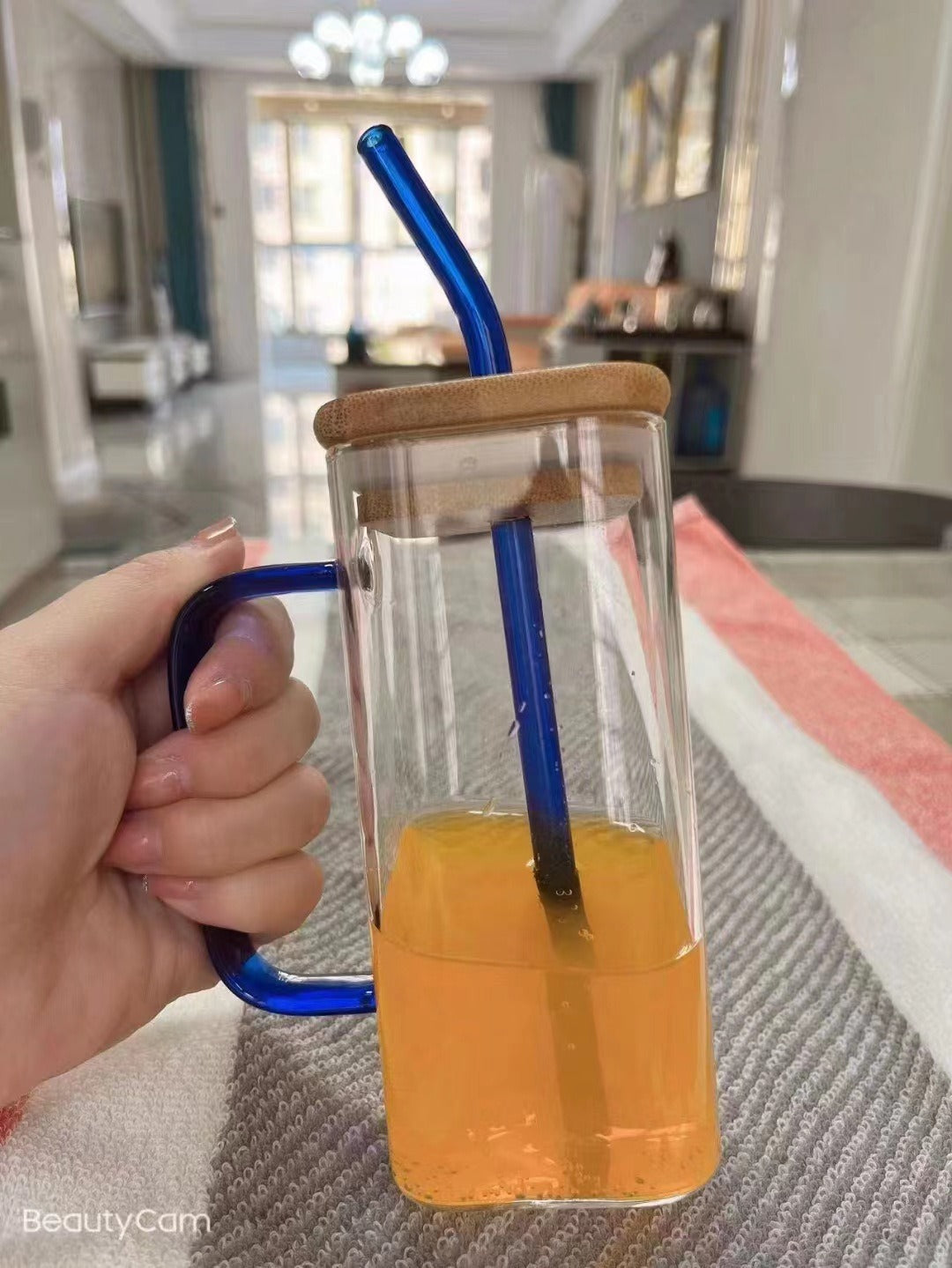 Square colored handle cup glass straw cup with lid milk tea cup with large capacity - Korvel