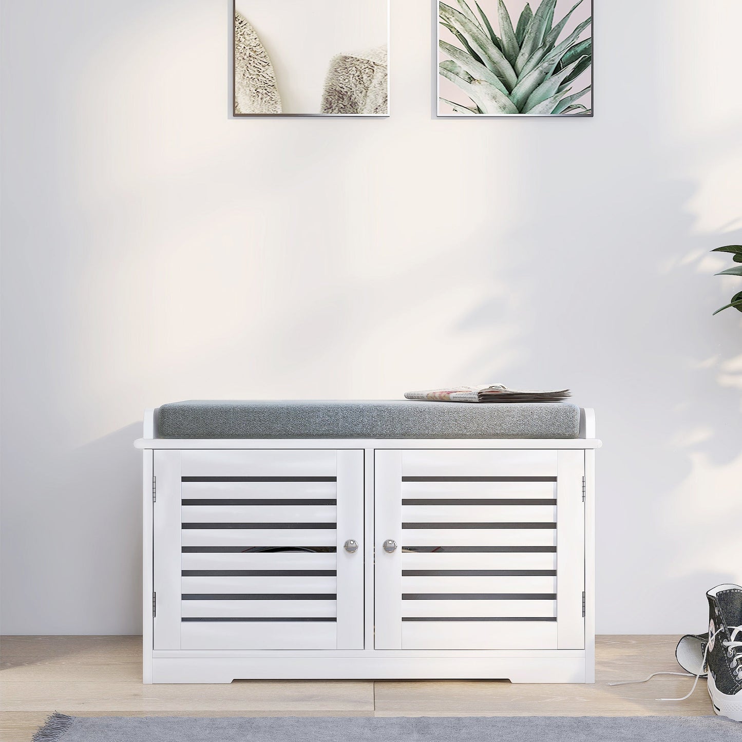 Elegant White Shoe Storage Bench with Padded Cushion