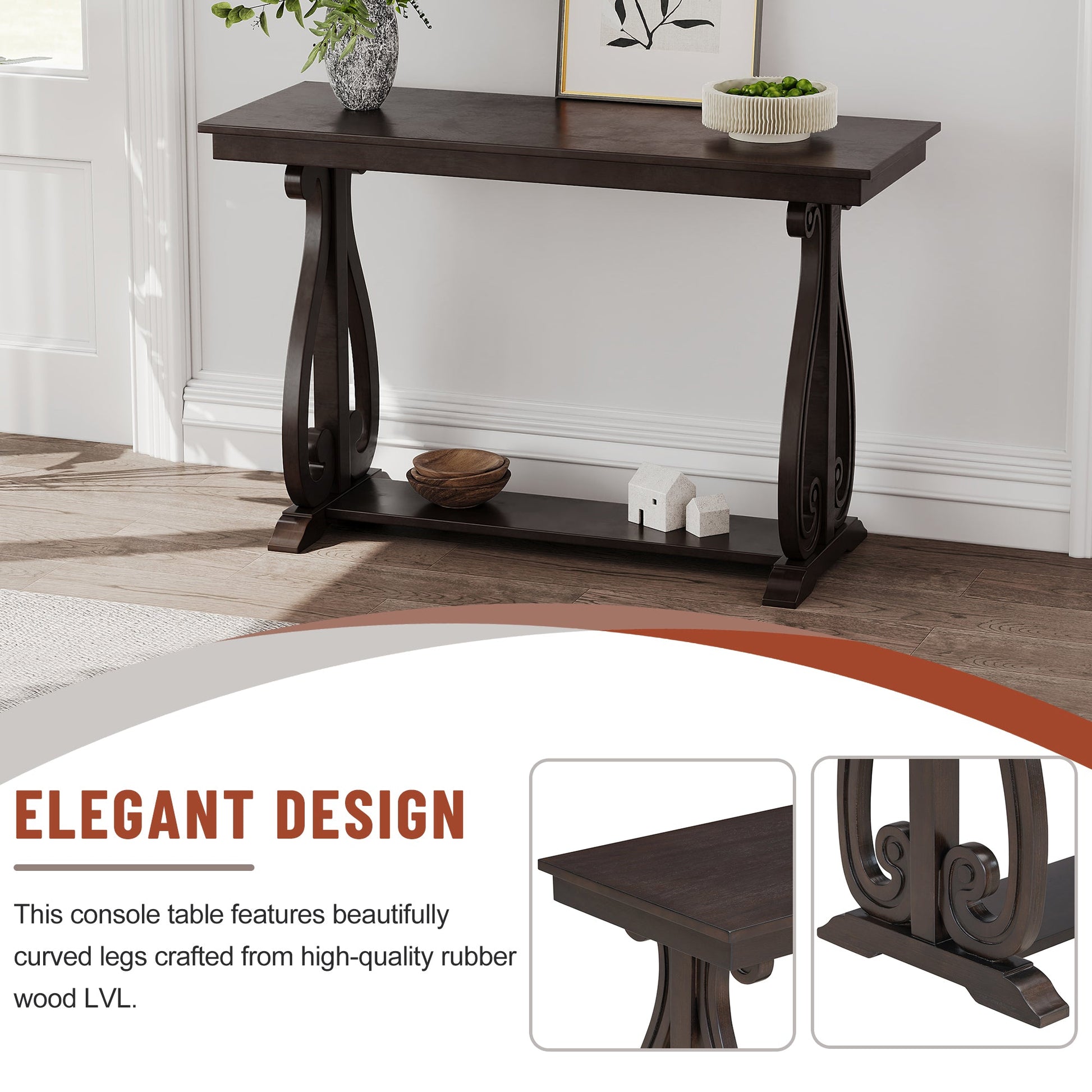 48-Inch Rustic Vintage Console Table --- Farmhouse Style Entryway Table with Open Shelf and Sturdy Construction  (Espresso) - Korvel