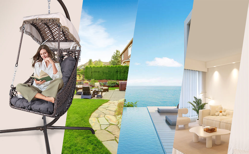Swing Egg Chair with Stand Indoor Outdoor Wicker Rattan Frame 350lbs Capacity Hammock Chair - Korvel