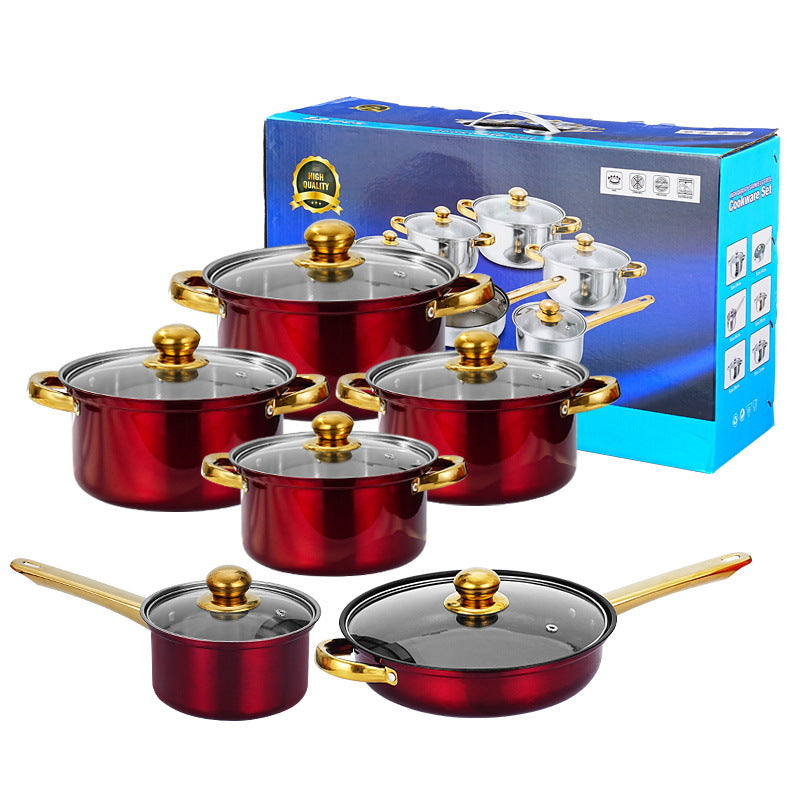 12-Piece Wine Red Non-Stick Stainless Steel Soup Pot Set