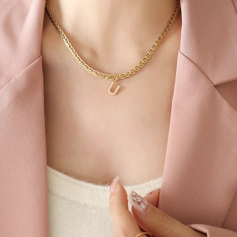 Brass Inlaid Zircon Letter Pendant Necklace - Korvel