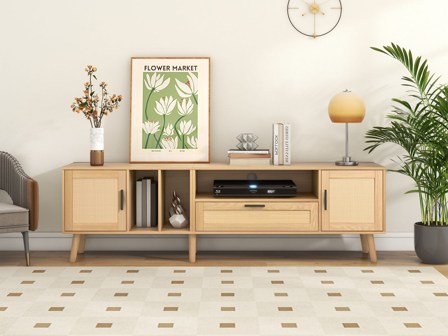 Vine TV stand with 2 cabinets and 2 open shelves, suitable for TVs under 80 inches, with solid wood legs for TV cabinets - Korvel