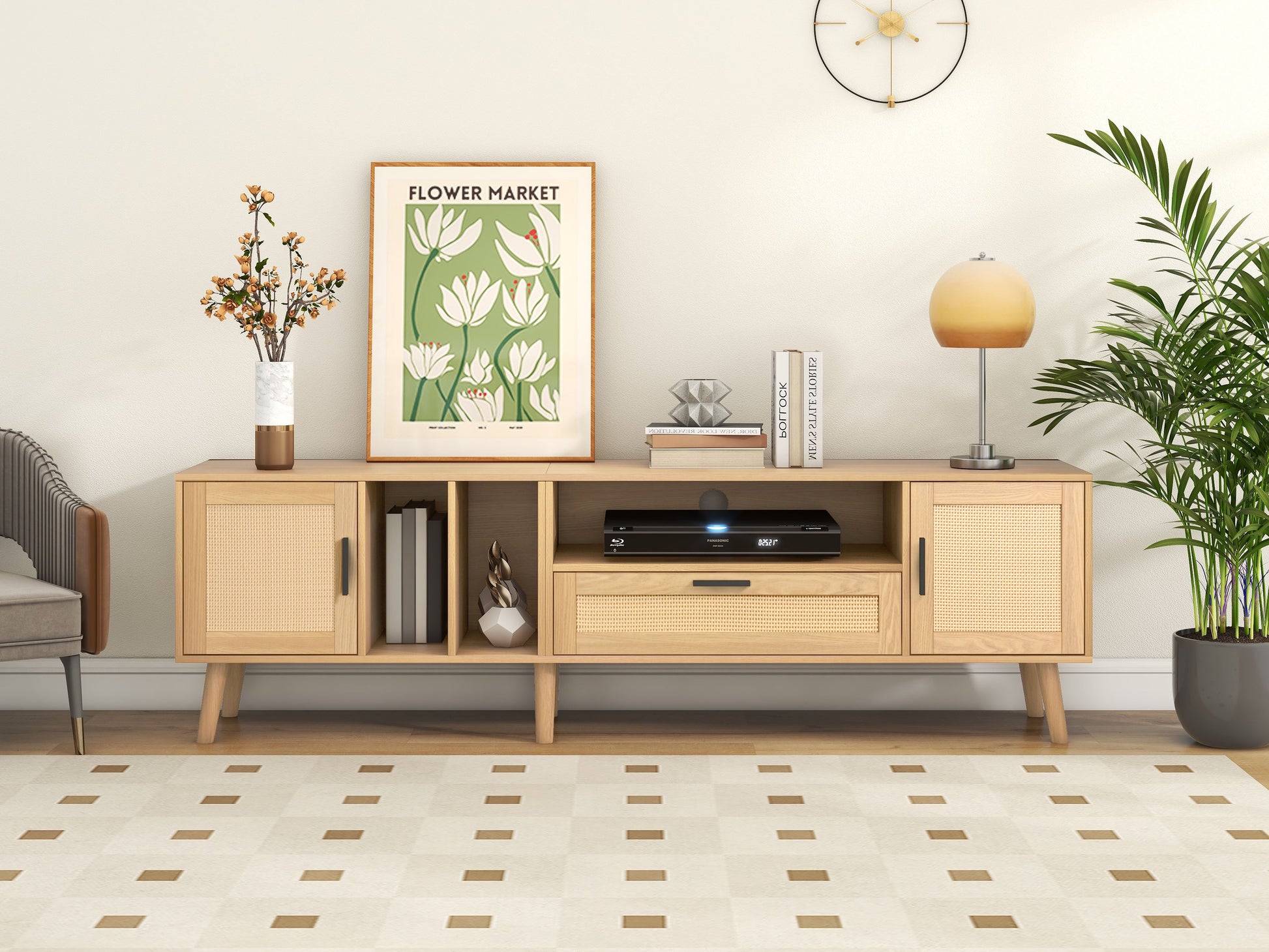 Vine TV stand with 2 cabinets and 2 open shelves, suitable for TVs under 80 inches, with solid wood legs for TV cabinets - Korvel