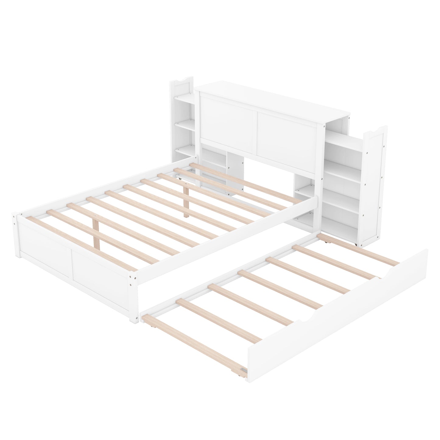 Full Size Storage Platform Bed with Pull Out Shelves and Twin Size Trundle, White - Korvel