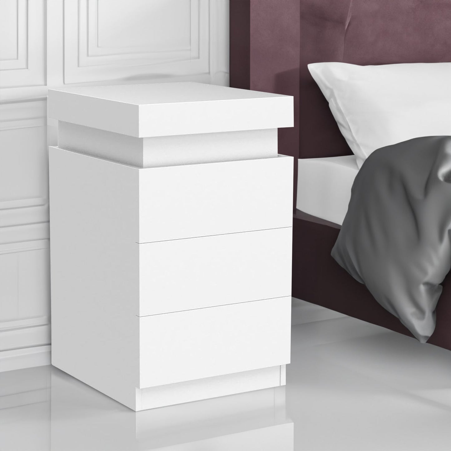 Mesita de Noche Blanca Moderna con 3 Cajones LED