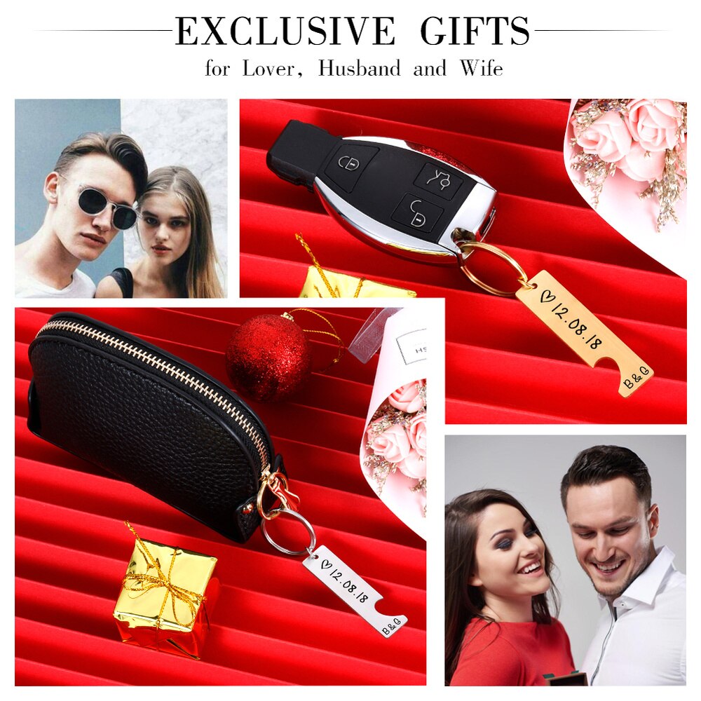 Personalized Heart Keychain Set  Engraved King Date and Name Love Keyring Gift for Couples Girlfriend Boyfriends Key Chain Rings - Korvel