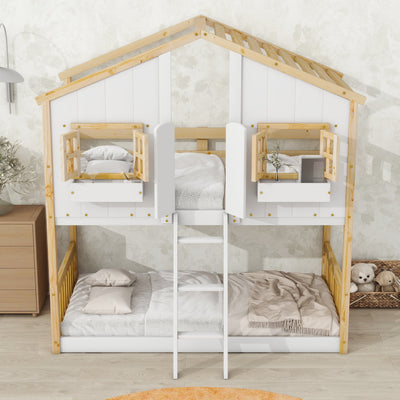 Twin over Twin House Bunk Bed with Roof , Window, Window Box, Door , with Safety Guardrails and Ladder, Natural/White - Korvel