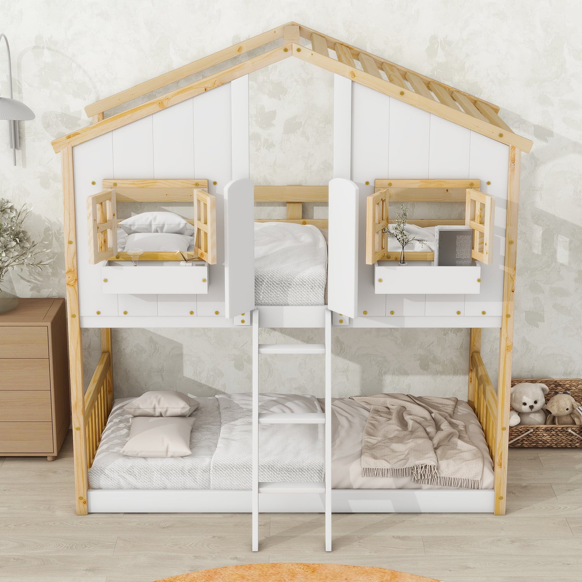 Twin over Twin House Bunk Bed with Roof , Window, Window Box, Door , with Safety Guardrails and Ladder, Natural/White - Korvel