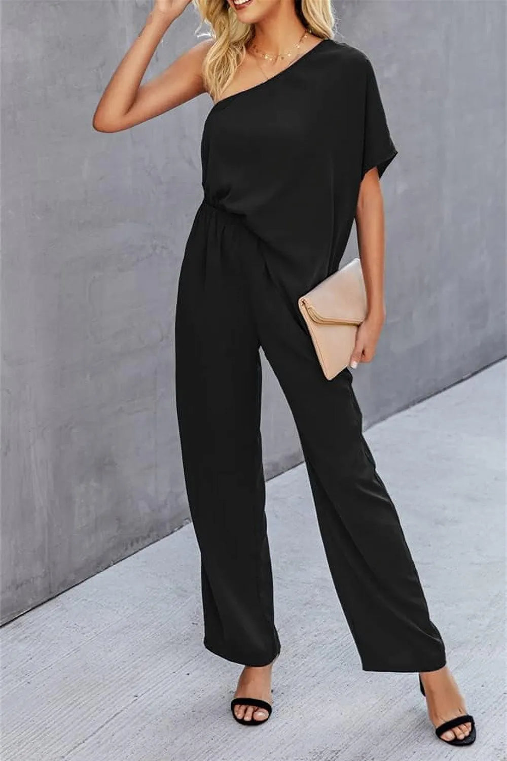 Single Shoulder Short Sleeve Jumpsuit - Korvel