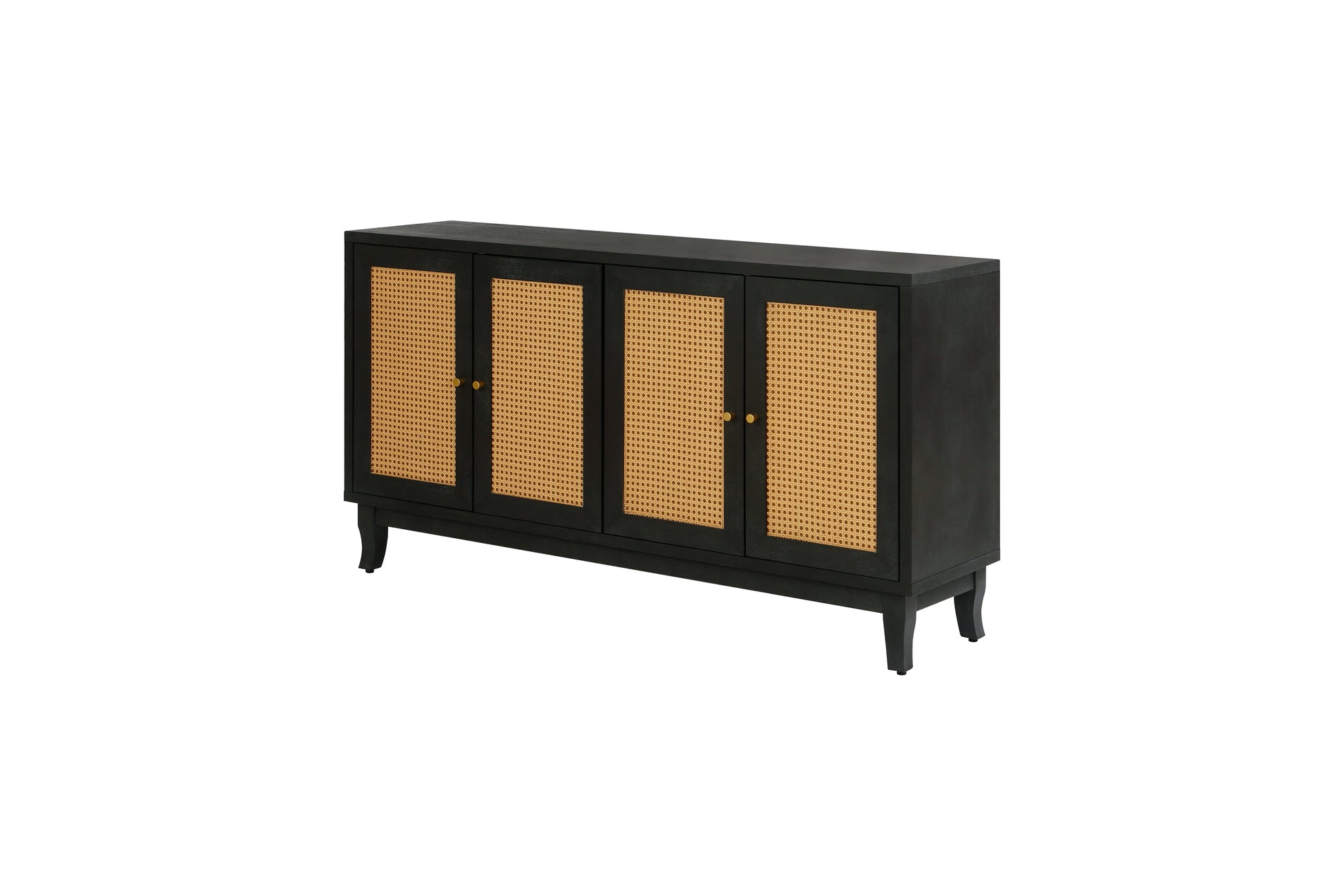 Handcrafted Premium Grain Panels Rattan Sideboard Buffer Cabinet Accent Storage Cabinet With 4 Rattan Doors BLACK - Korvel