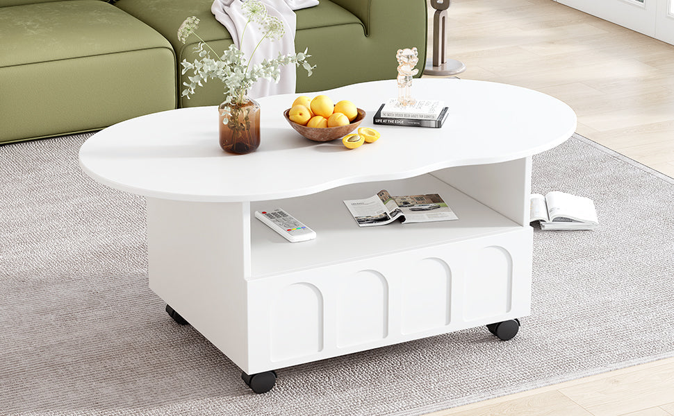 ON-TRANS flexible cream style coffee table with 2 brake wheels, drawers, large storage space, white, 39.37 '' x 23.6 '' - Korvel