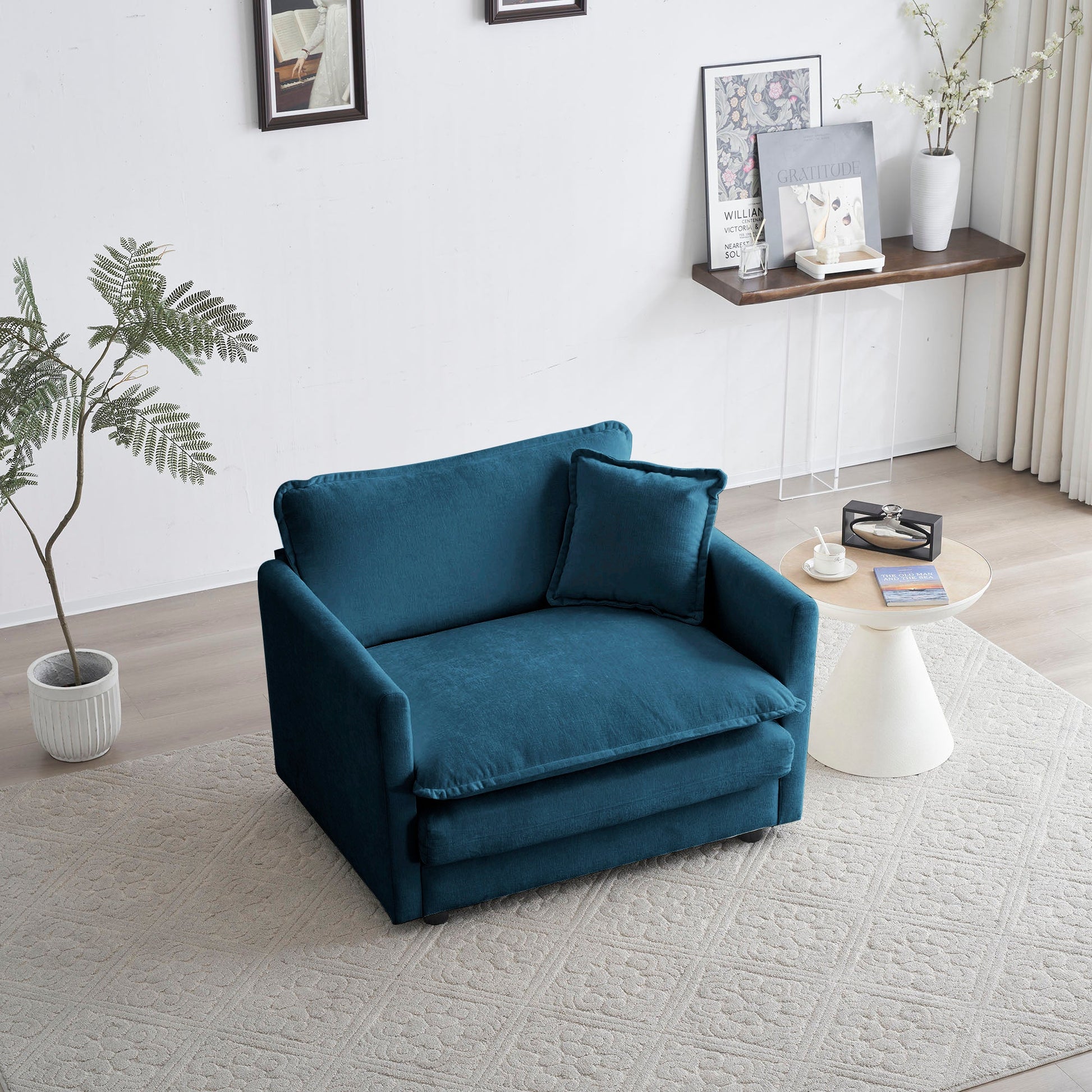 Comfy Deep Single Seat Sofa Upholstered Reading Armchair Living Room Chair Blue Chenille Fabric , 1 Toss Pillow - Korvel