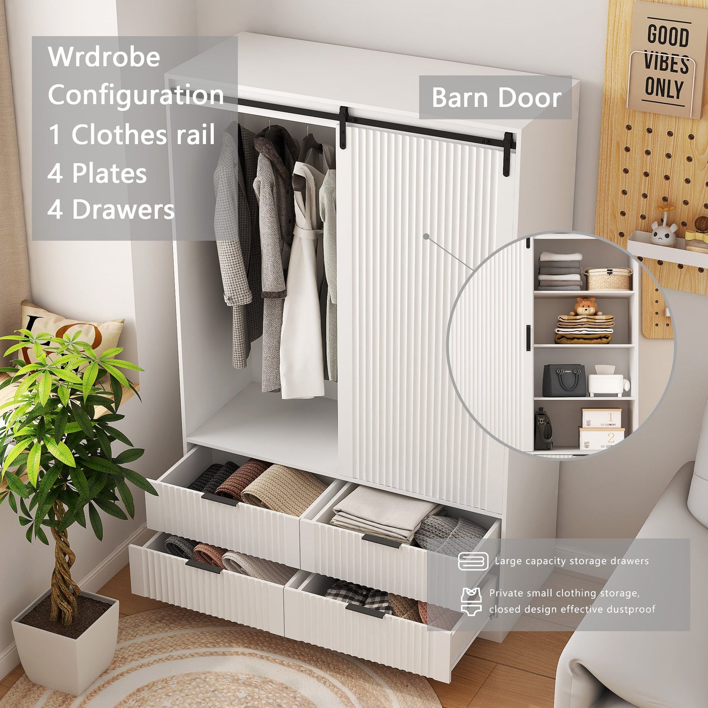 Tall Bedroom Armoire Wardrobe Closet Clothing Storage Cabinet with Hanging Rod Barn Door Drawers Open Shelves,White - Korvel
