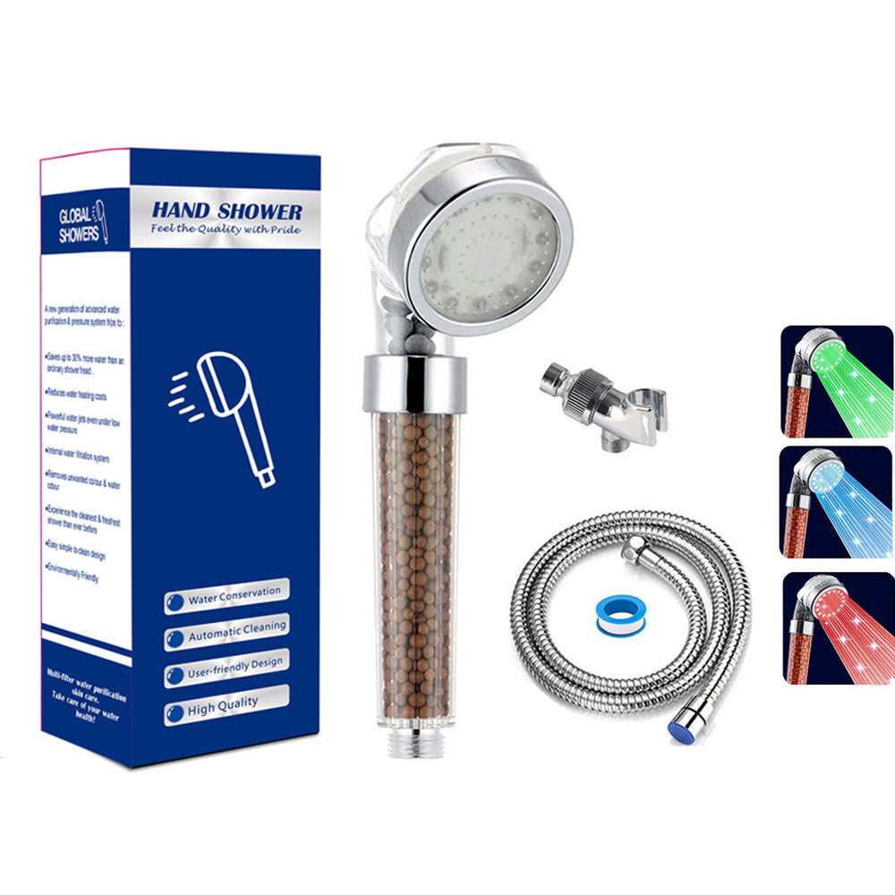 LED Luminous Colorful Shower Nozzle Negative Ion Self Generating Shower Head Three Color Temperature Controlled Led Handheld Shower - Korvel