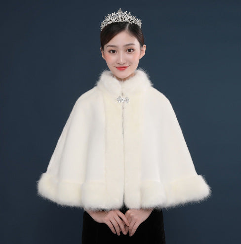 Bride's wedding dress fur shawl women's warm white cloak cheongsam jacket red cloak - Korvel