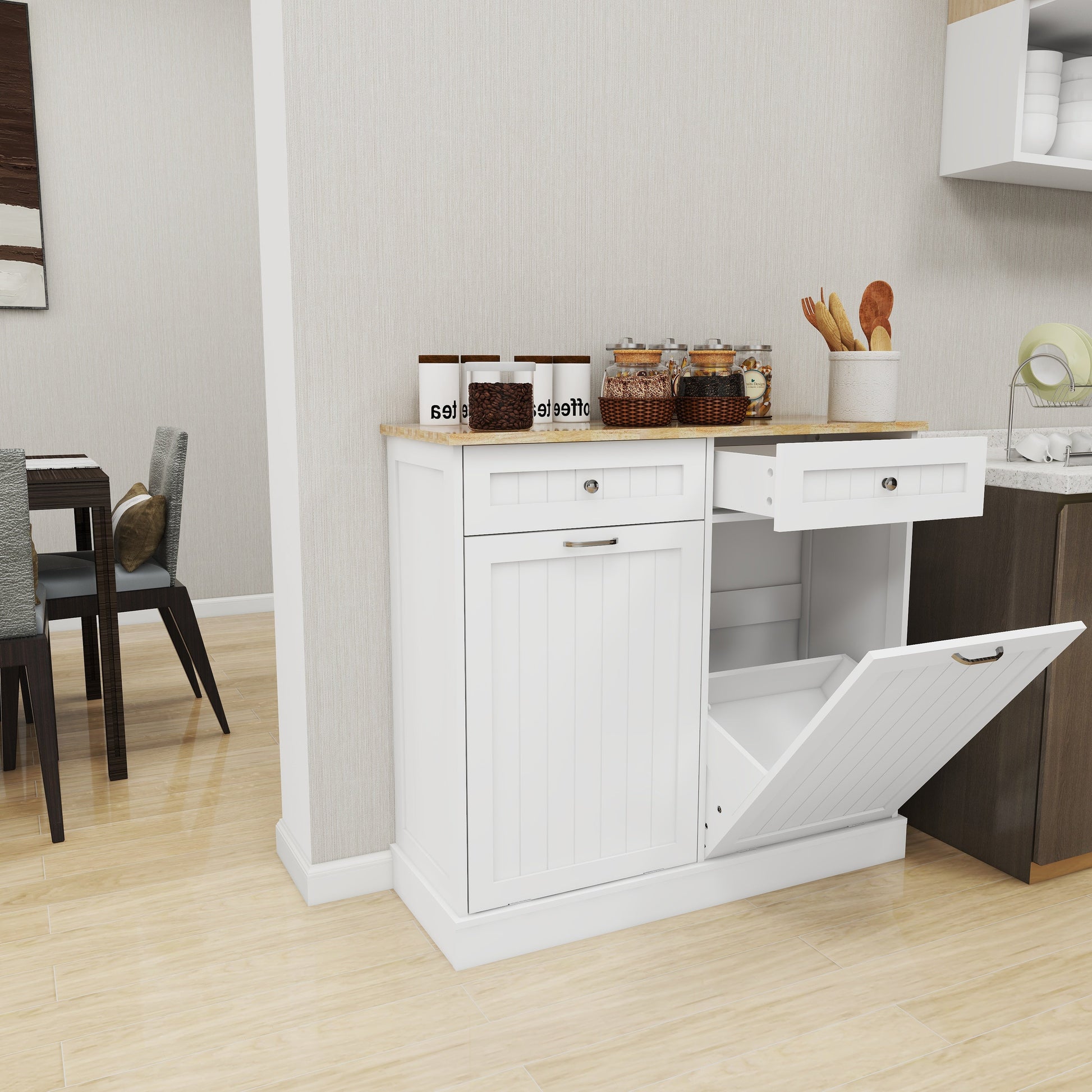 Two Drawers and Two-Compartment Tilt-Out Trash Cabinet Kitchen Trash Cabinet-White - Korvel