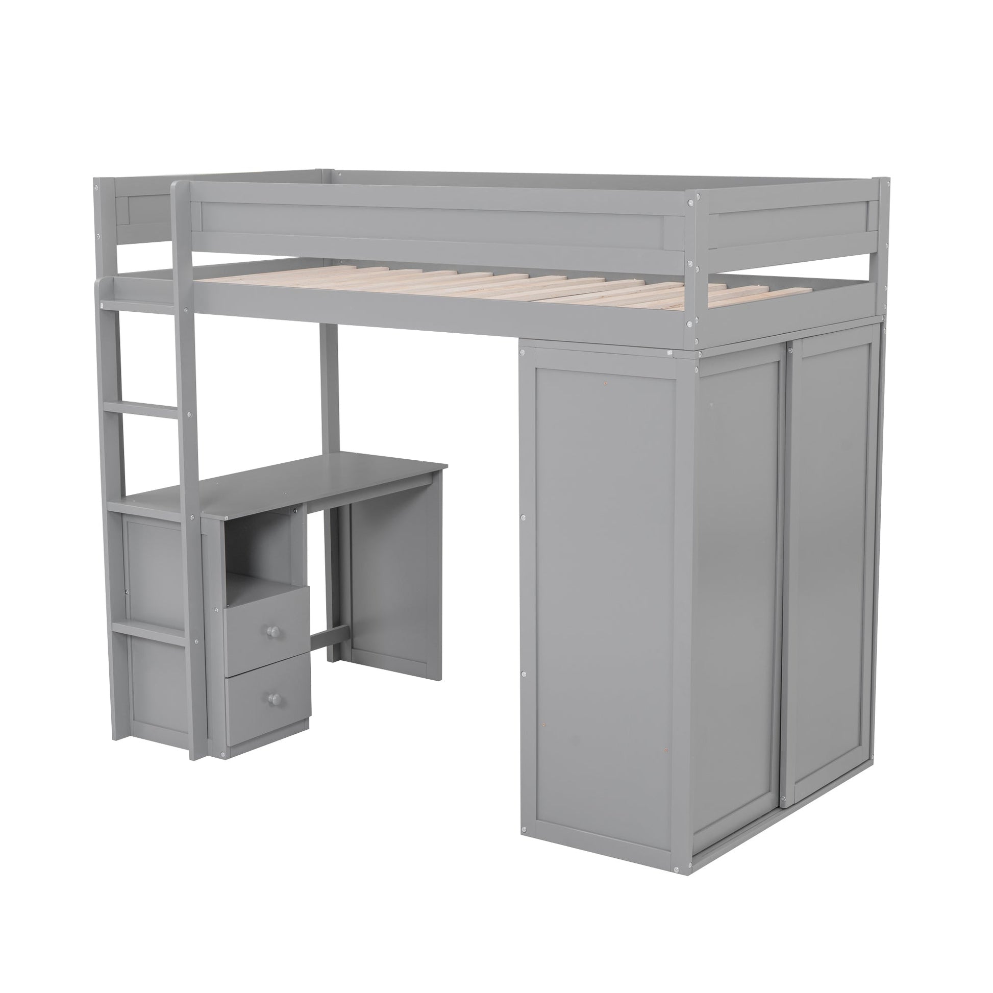 Wood Twin Size Loft Bed with Wardrobes and 2-Drawer Desk with Cabinet Gray - Korvel