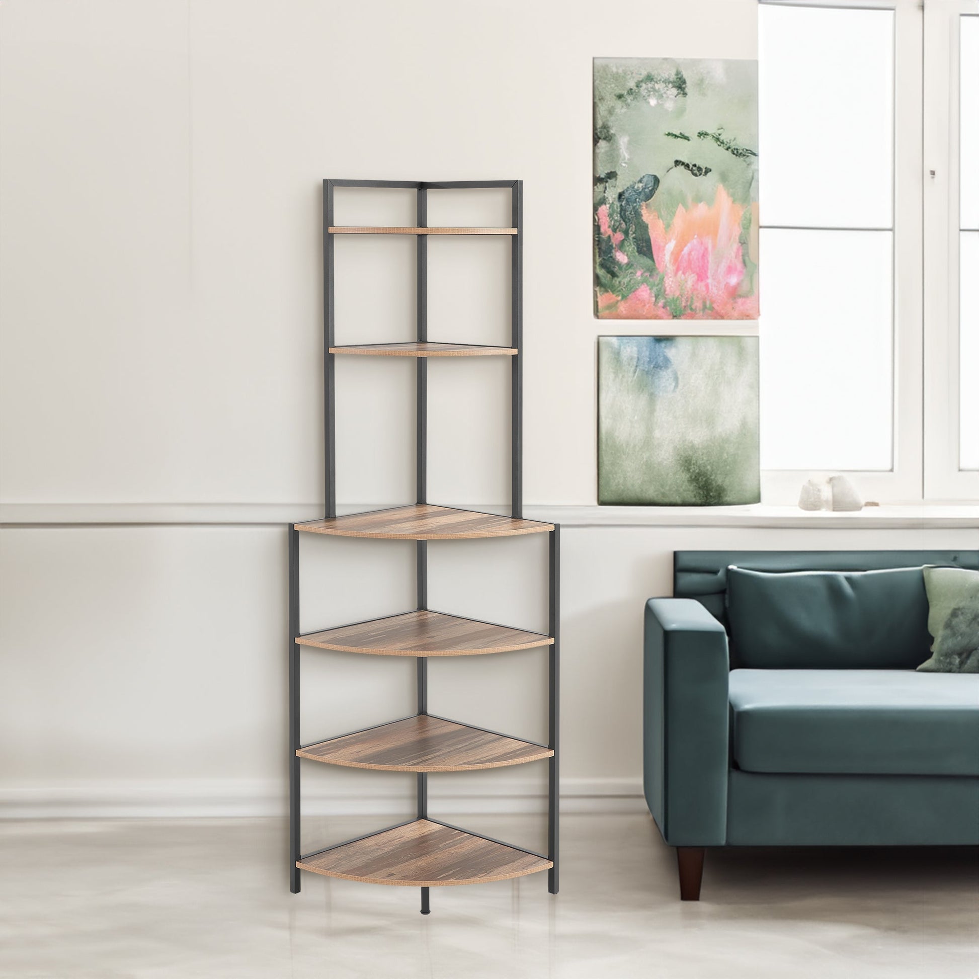 6-story corner open bookshelf modern bookshelf wooden frame independent bookshelf unit, country brown - Korvel