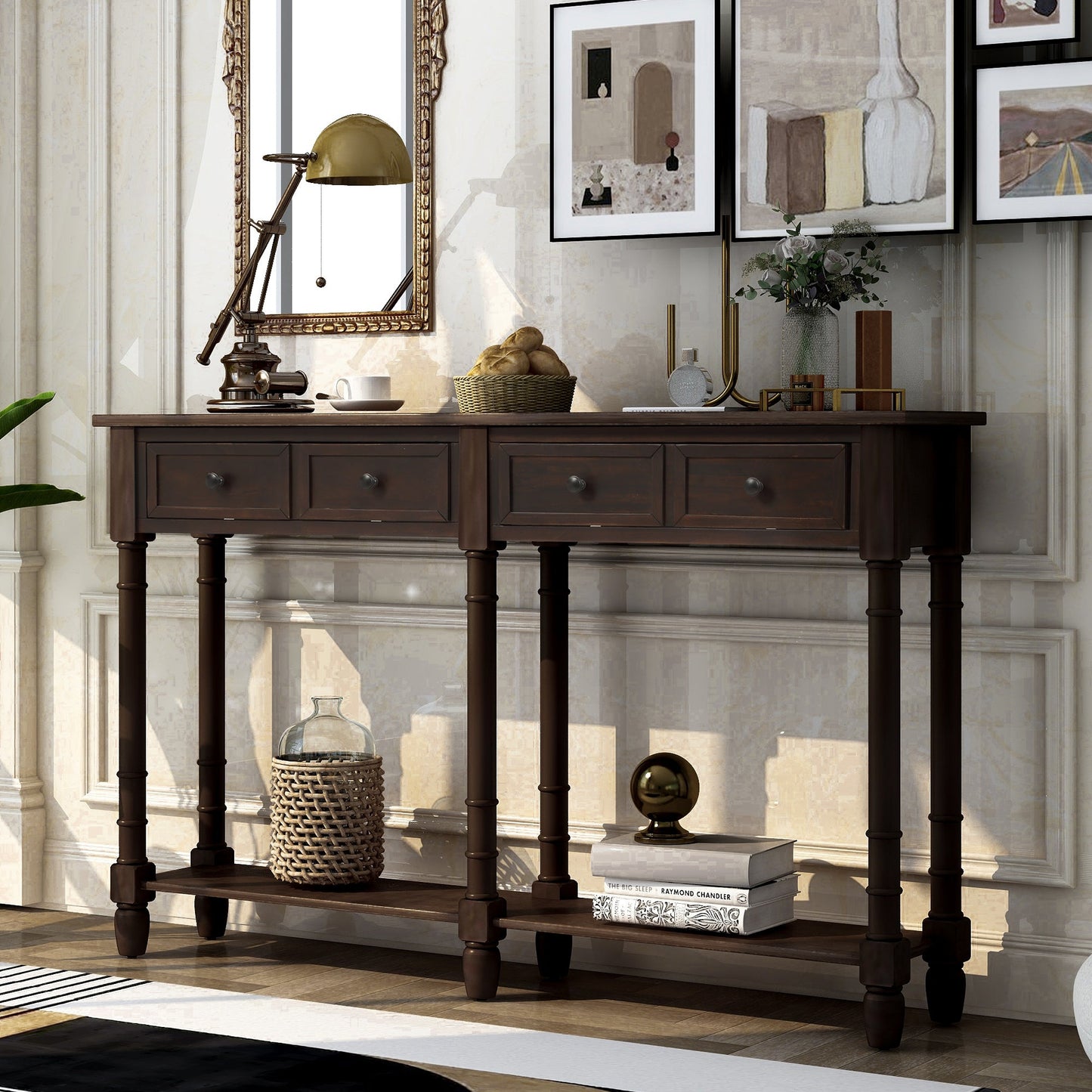 TREXM Espresso Console Table with Storage Drawers