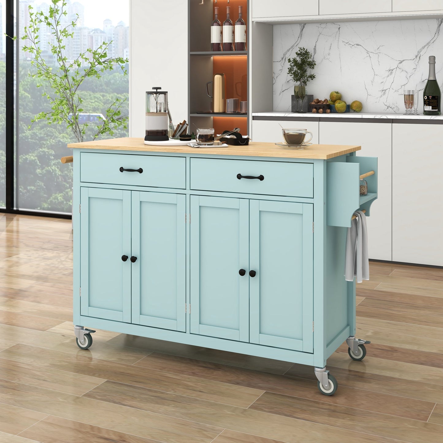 Mint Green Kitchen Island Cart with 4 Doors and Drawers