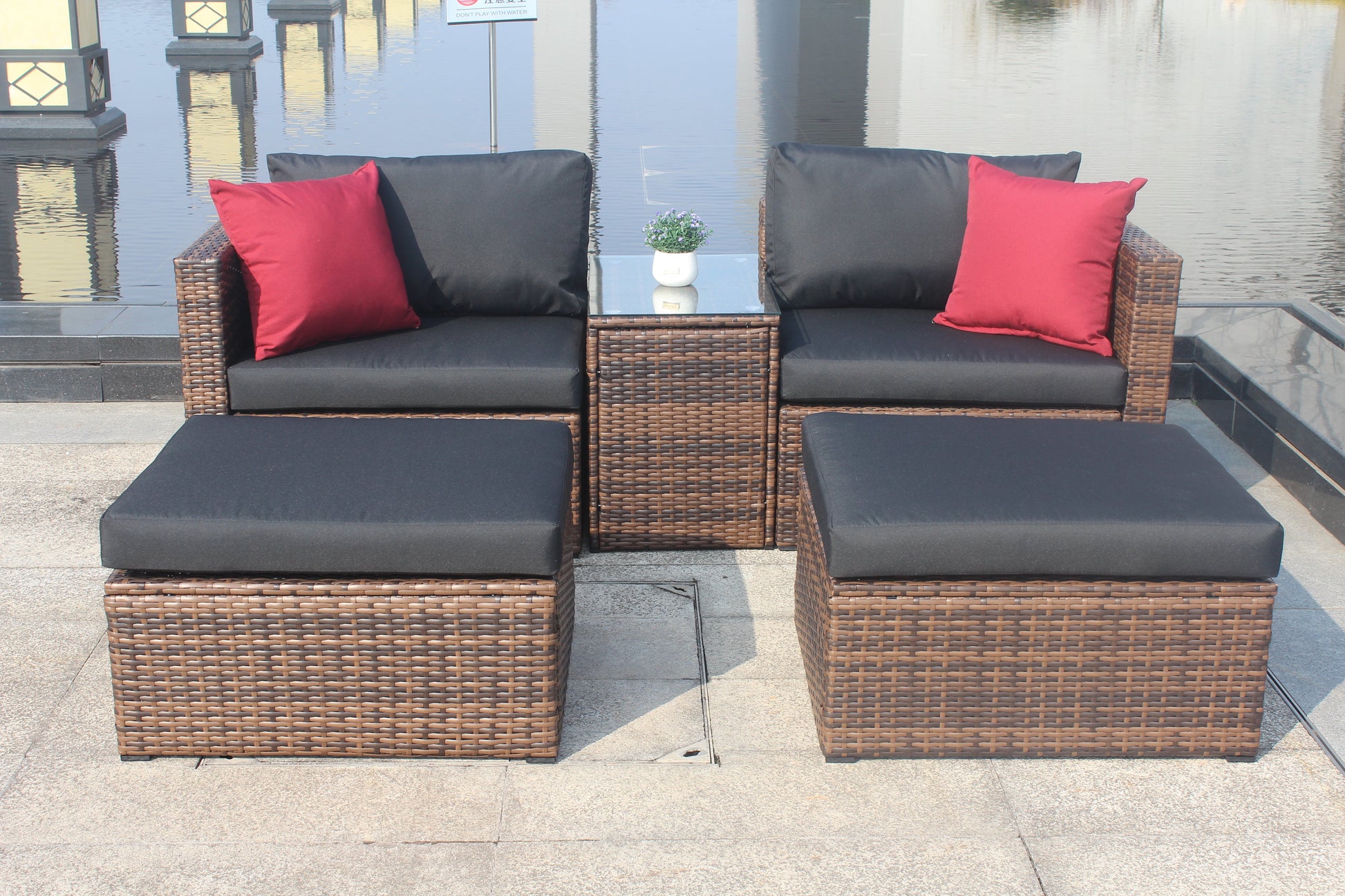 5 Pieces Outdoor Patio Garden Brown Wicker Sectional Conversation Sofa Set - Korvel